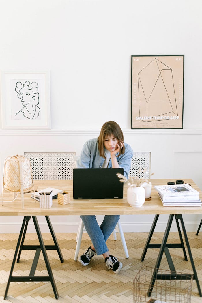 Focused woman using a laptop at a chic home office desk with stylish decor.